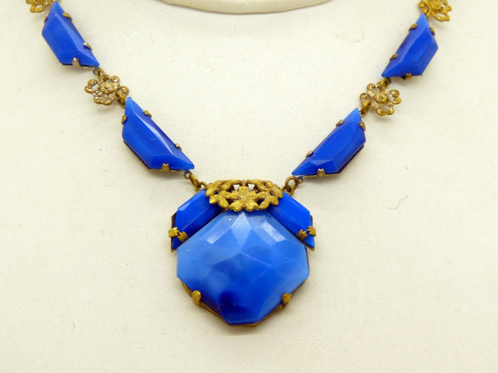 Antique Art Deco Gilt Brass Iridescent Blue Faceted Czech Glass Necklace