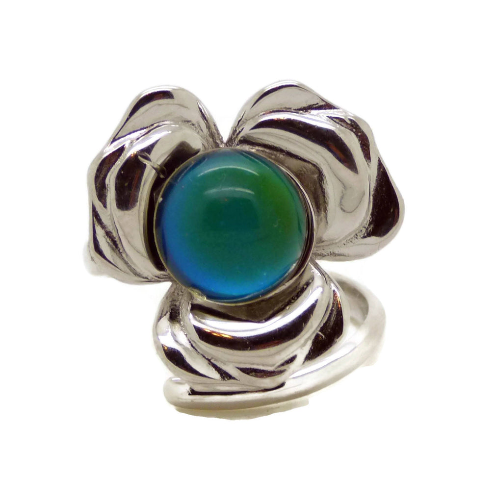 8mm Round Bezel Tray Big Flower 925 Sterling Silver Mood Ring, adjustable
