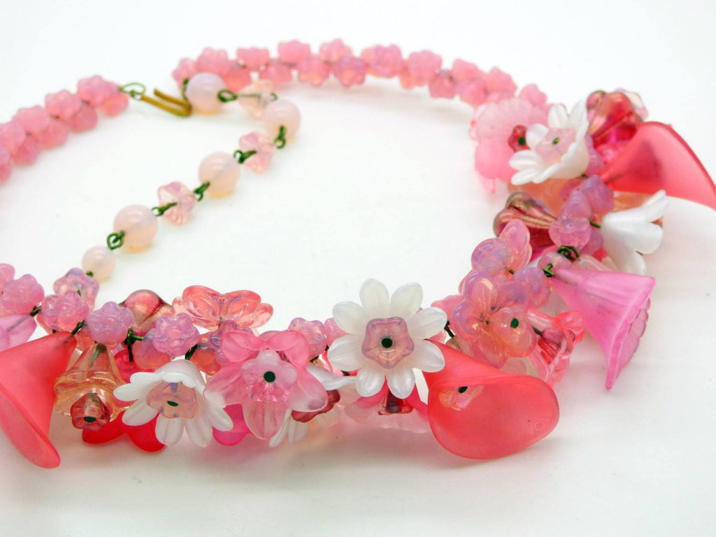 Pink Glass Bell flower and Lucite Flower Choker