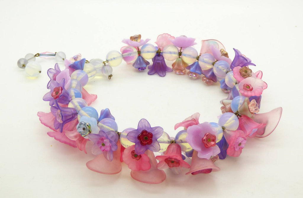 Shades of Purple and Pink Glass Bead Flower Choker, Lucite Flowers