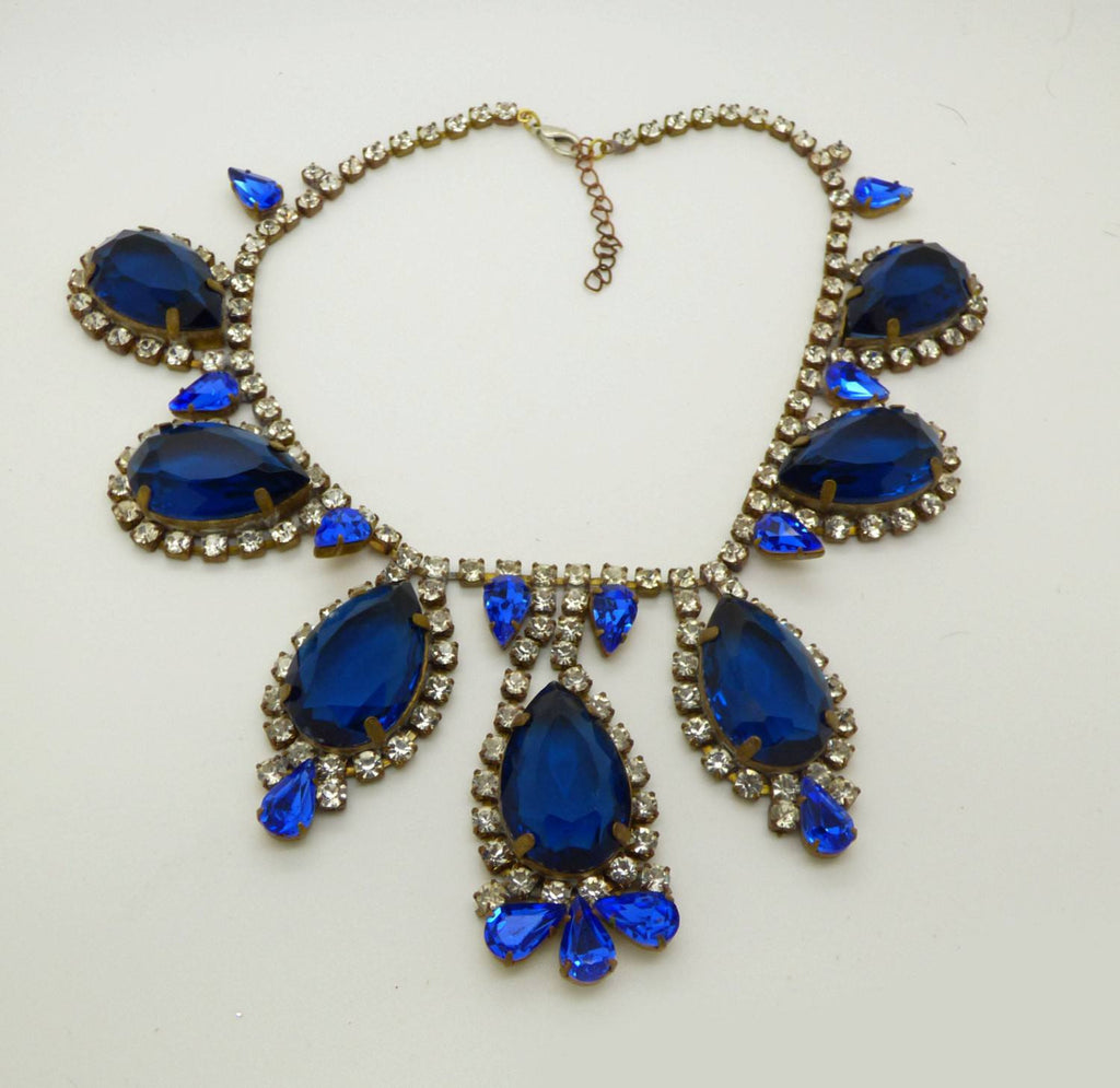 Czech Glass Husar D Large Royal Blue Stone Rhinestone Statement Necklace - Vintage Lane Jewelry