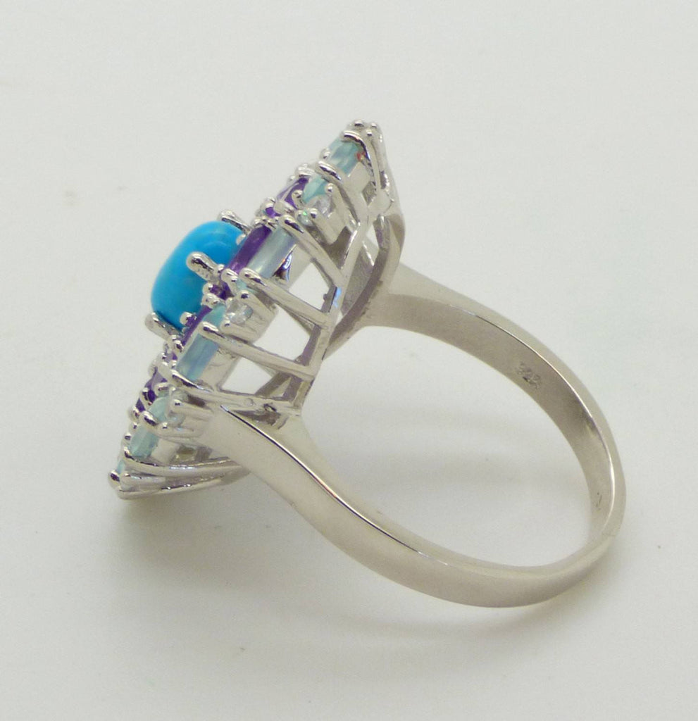 Blue Chalcedony. Amethyst, White Cubic Zirconia, Turquoise 14k White Gold over Sterling Silver Ring - Vintage Lane Jewelry