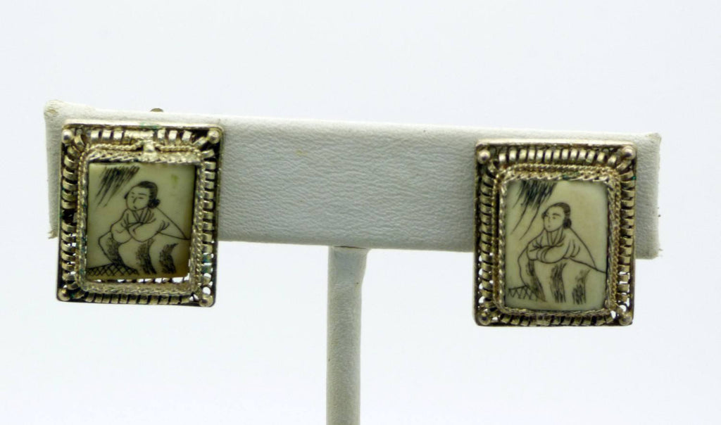 Antique Chinese Export Bovine Water Buffalo Carved Bone 900 Silver Filigree Hand-Scrimshaw Set - Vintage Lane Jewelry