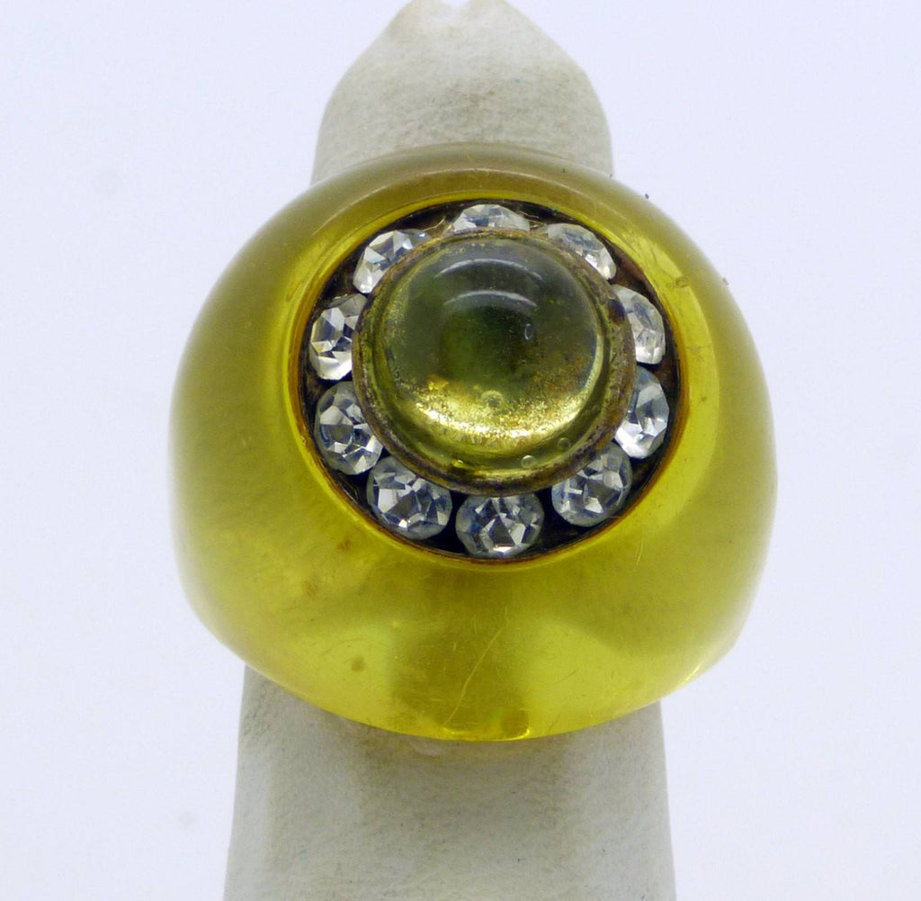 Art Deco Carved Prystal Bakelite Ring with Rhinestones and Glass Cabochon - Vintage Lane Jewelry