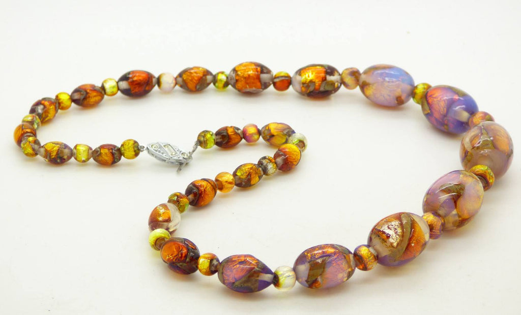 Vintage Venetian Murano Art Deco Opalescent Foil Glass Bead Necklace