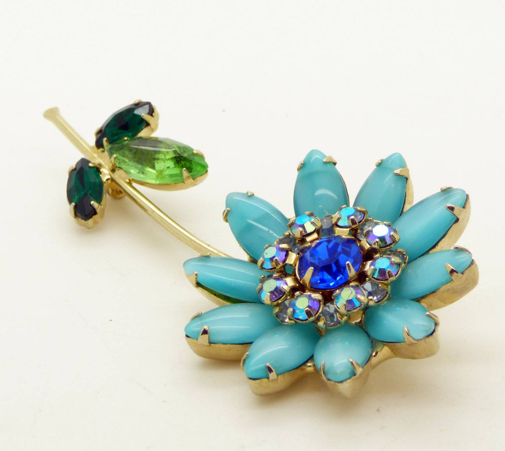 Vintage Weiss AB Blue Flower Rhinestone Brooch