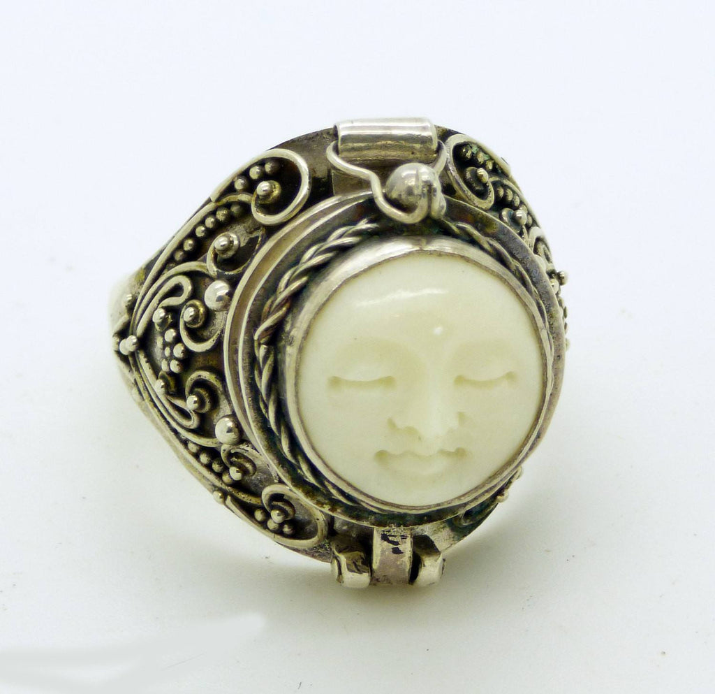 Balinese Bone Sterling Silver 925 Poison Ring, Pill Box Ring, Size 8.5
