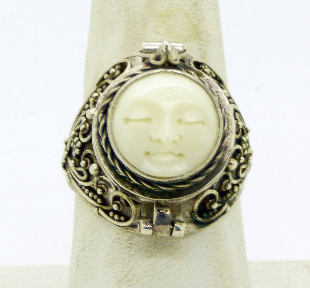 Balinese Bone Sterling Silver 925 Poison Ring, Pill Box Ring, Size 8.5 - Vintage Lane Jewelry