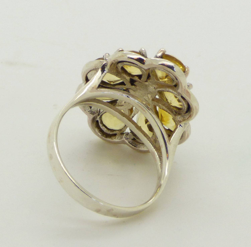 Natural Yellow Citrine Marcasite Sterling Silver Flower Ring, Size 8 - Vintage Lane Jewelry