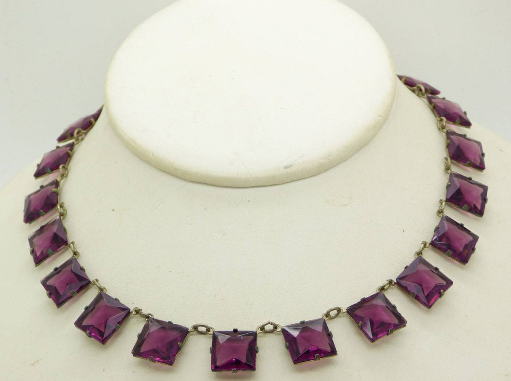 Art Deco Open Back Crystal Amethyst Purple Glass Necklace - Vintage Lane Jewelry