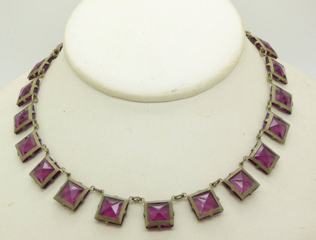 Art Deco Open Back Crystal Amethyst Purple Glass Necklace - Vintage Lane Jewelry