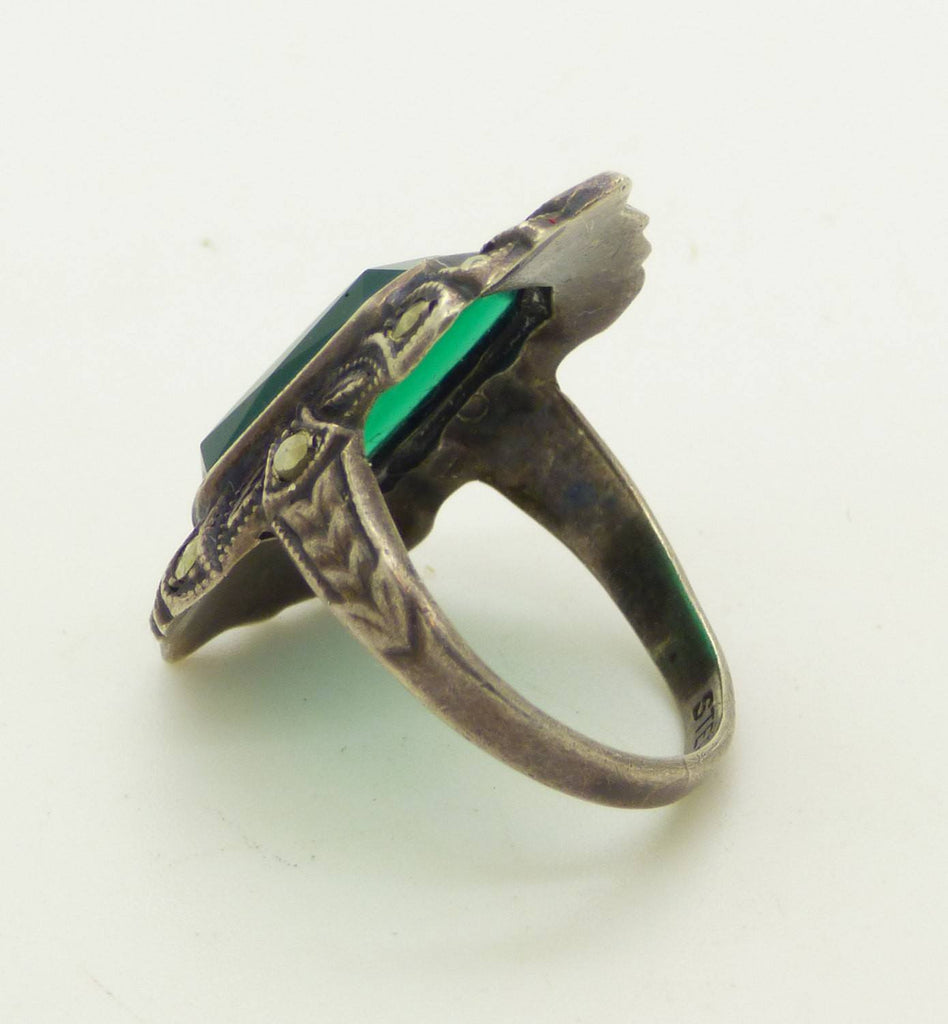 Art Deco Uncas Sterling Silver Chalcedony and Marcasite Ring - Vintage Lane Jewelry