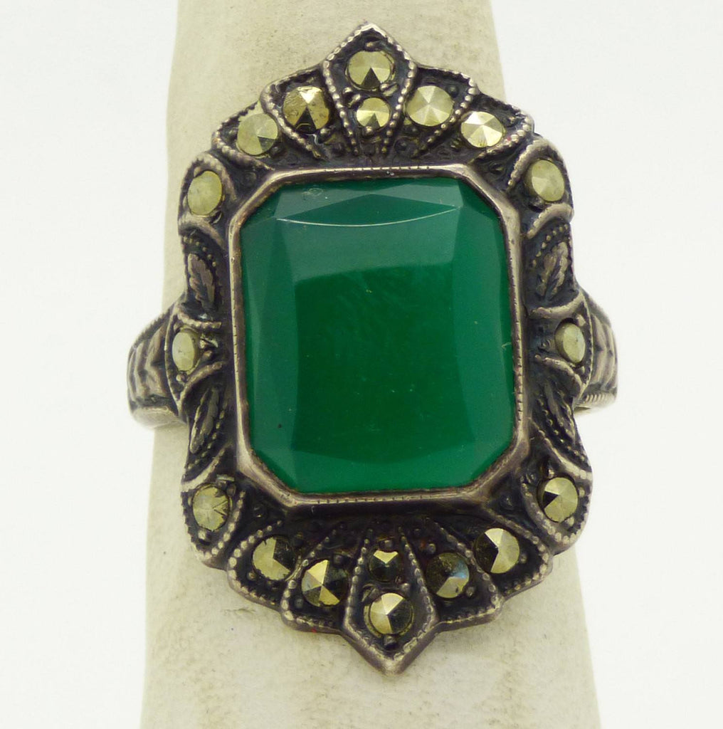 Art Deco Uncas Sterling Silver Chalcedony and Marcasite Ring - Vintage Lane Jewelry
