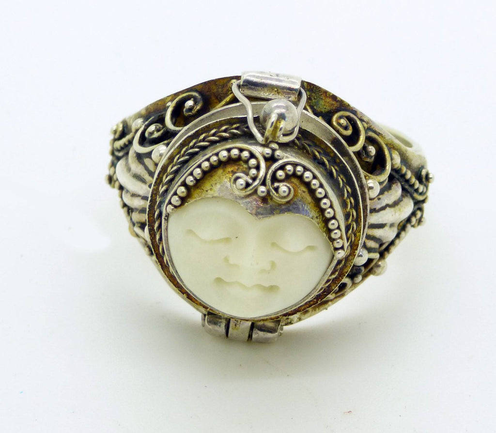 Balinese Bone Sterling Silver 925 Poison Ring, Pill Box Ring, Size 10.5