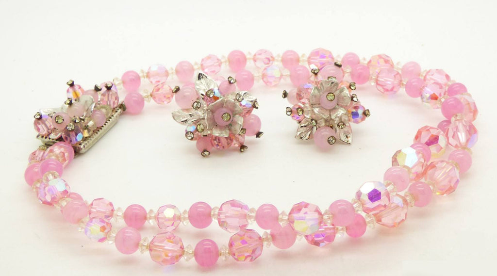 Vendome Pink Crystal Bead Necklace Hand Wired Flower Earrings Set