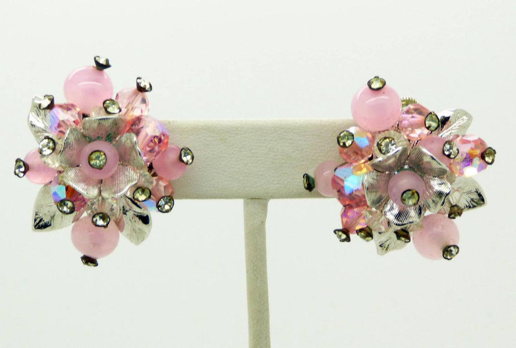 Vendome Pink Crystal Bead Necklace Hand Wired Flower Earrings Set - Vintage Lane Jewelry