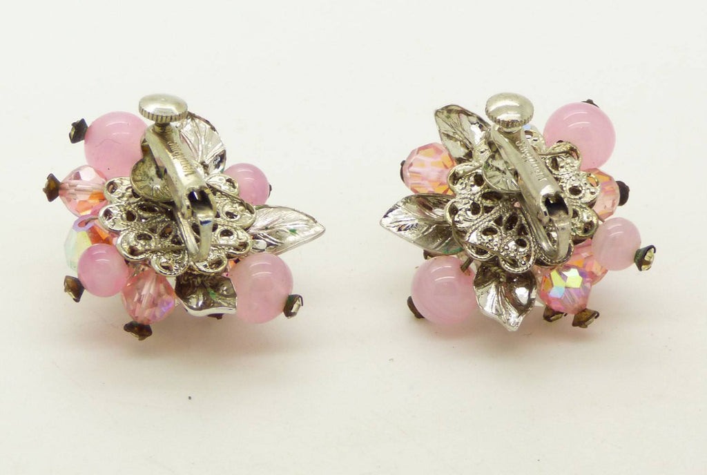 Vendome Pink Crystal Bead Necklace Hand Wired Flower Earrings Set - Vintage Lane Jewelry