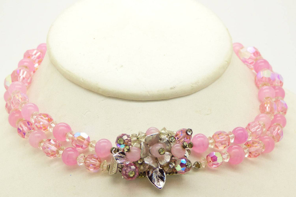 Vendome Pink Crystal Bead Necklace Hand Wired Flower Earrings Set - Vintage Lane Jewelry