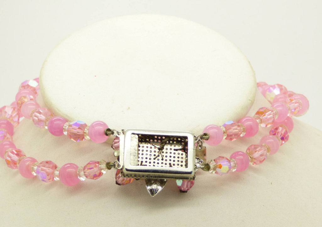 Vendome Pink Crystal Bead Necklace Hand Wired Flower Earrings Set - Vintage Lane Jewelry
