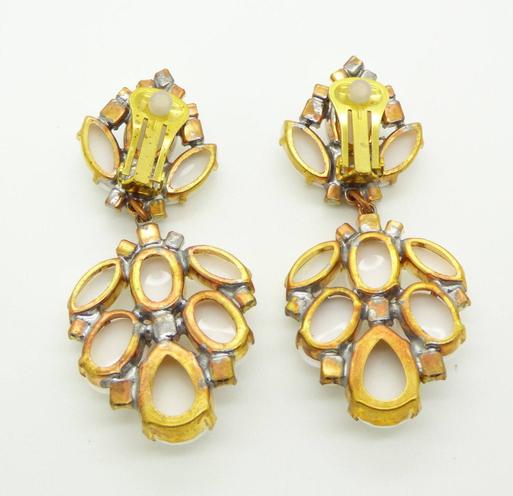 Czech Glass Opaque White Glass Stones Large Dangling Clip Earrings - Vintage Lane Jewelry