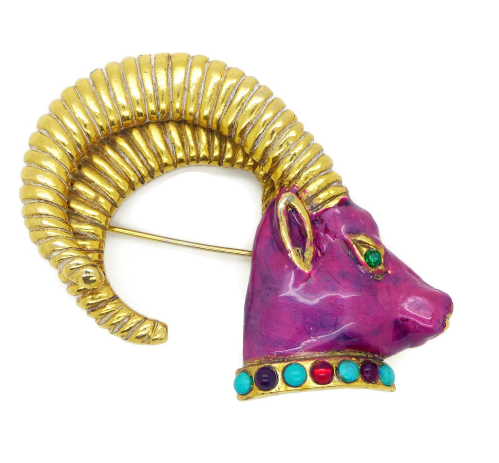 Vintage Richelieu Gold Ram Elk Purple Enamel Rhinestone Brooch Pin