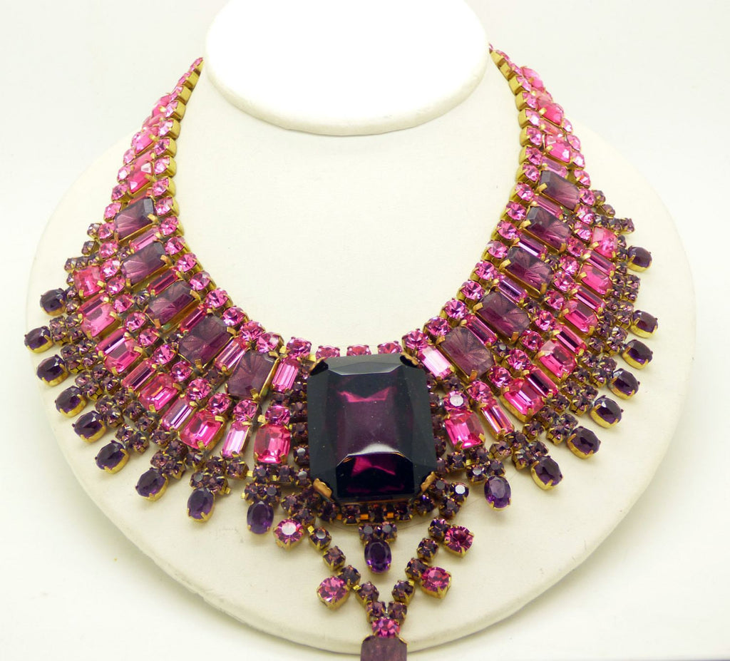 Husar D. Czech Glass Purple and Hot Pink Statement Necklace and Clip Earring Set