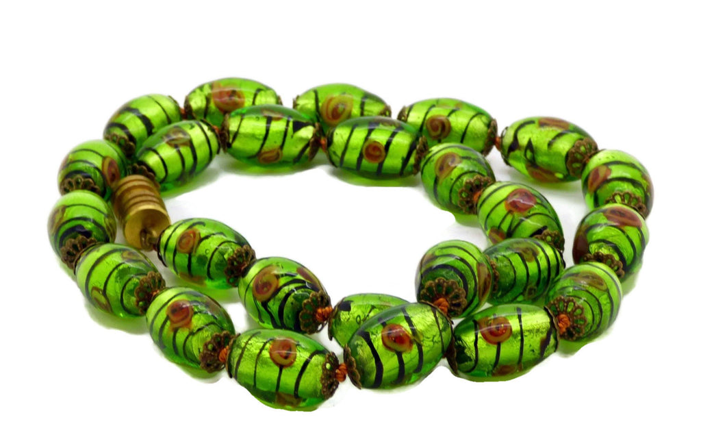 Art Glass Green Foil Flower Striped Glass Beads Necklace