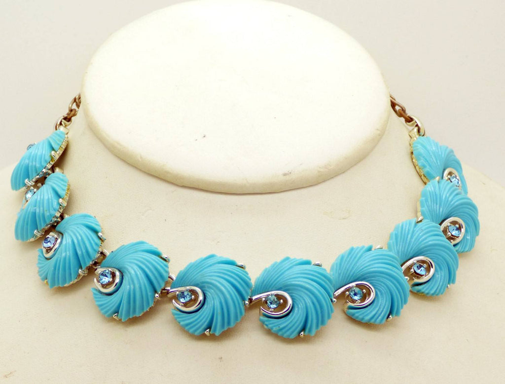Lisner Blue Feather Thermoset Rhinestone Parure, Necklace, Wide Bracelet and Screw Type Earrings - Vintage Lane Jewelry