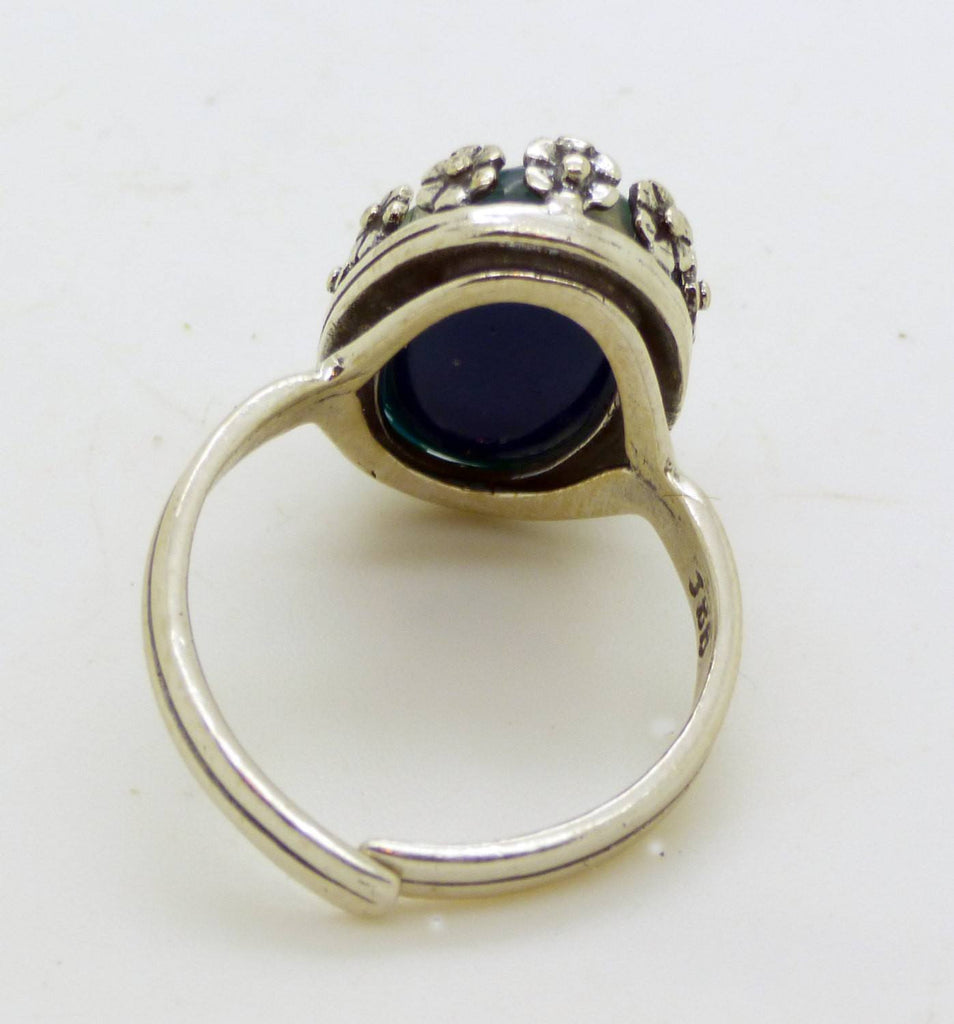 Oval Mood Ring Sterling Silver Filigree Flower Setting, Adjustable - Vintage Lane Jewelry
