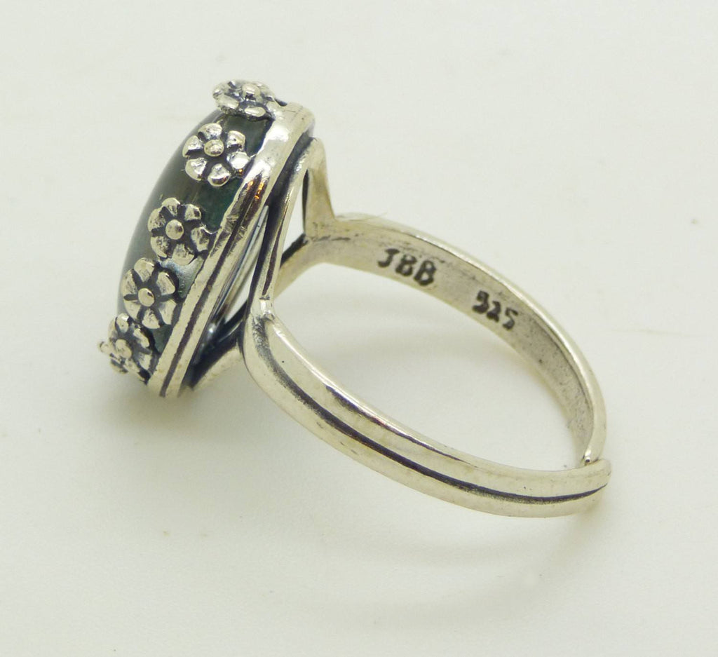 Oval Mood Ring Sterling Silver Filigree Flower Setting, Adjustable - Vintage Lane Jewelry