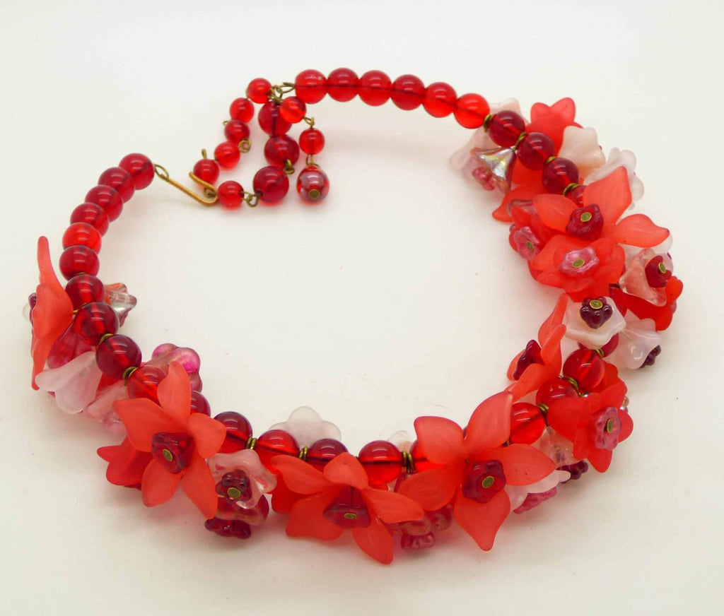 Red Lucite Flowers and Red Glass Beads Necklace