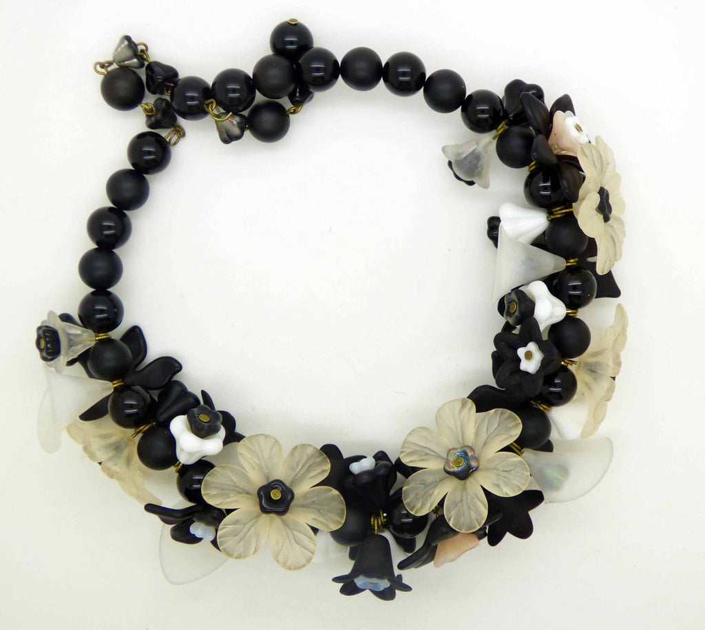Black and Ivory Lucite Flowers and Black Glass Beads Necklace