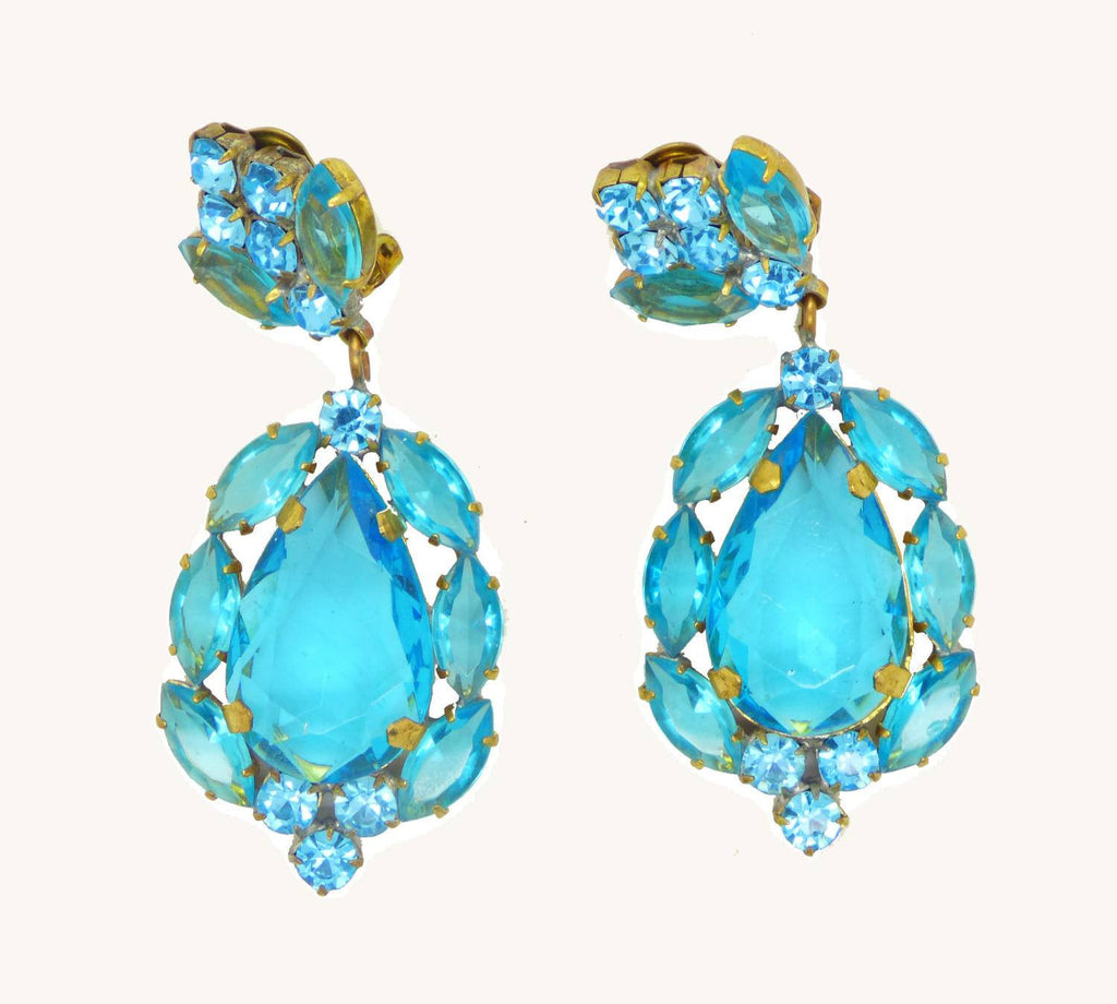 Aqua Czech Glass Huge Dangling Clip Earrings