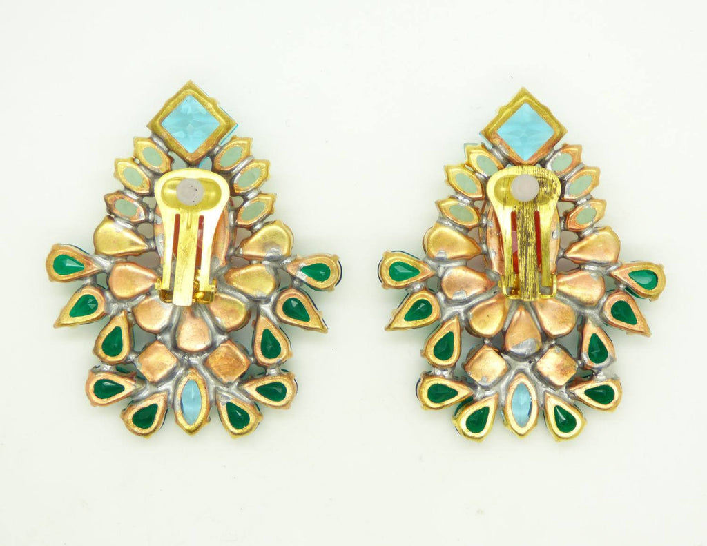 Huge Czech Rhinestone Multicolored Clip Earrings - Vintage Lane Jewelry