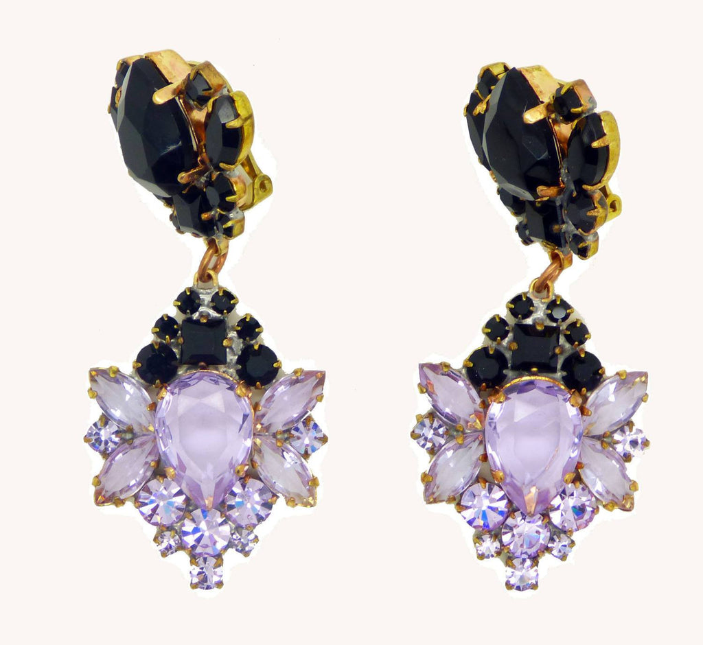 Lavender and Black Czech Glass Clip Earrings