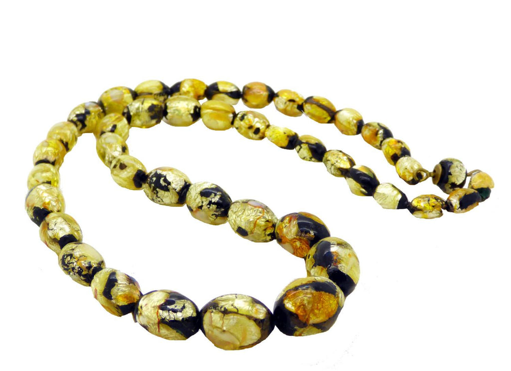 Art Deco Vintage Venetian Murano Black and Gold Foil Glass Beads Necklace