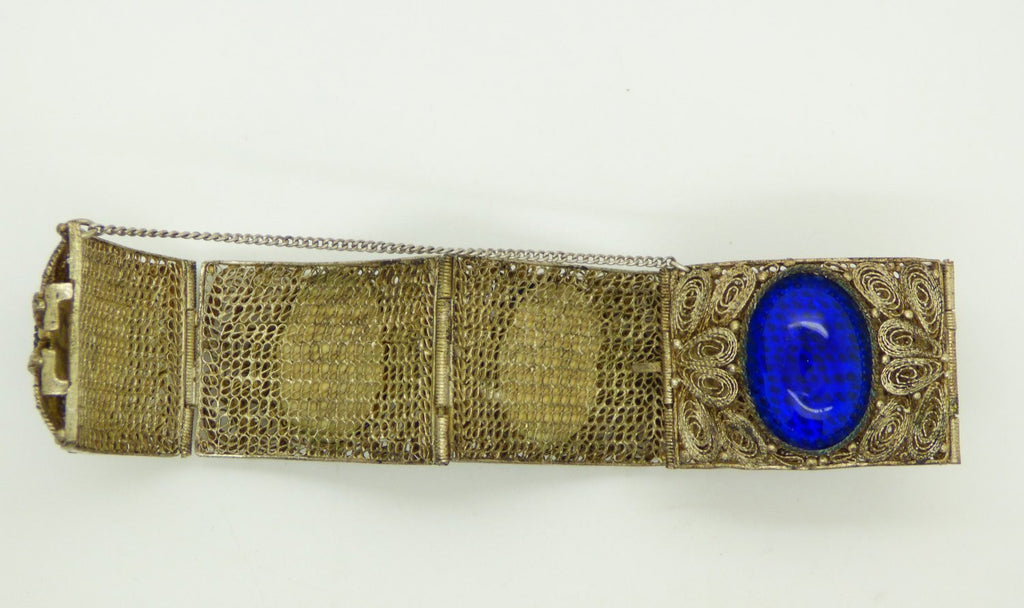 Chinese Export Blue Glass Cabochon 800 Silver Filigree Hinged Panel Bracelet - Vintage Lane Jewelry