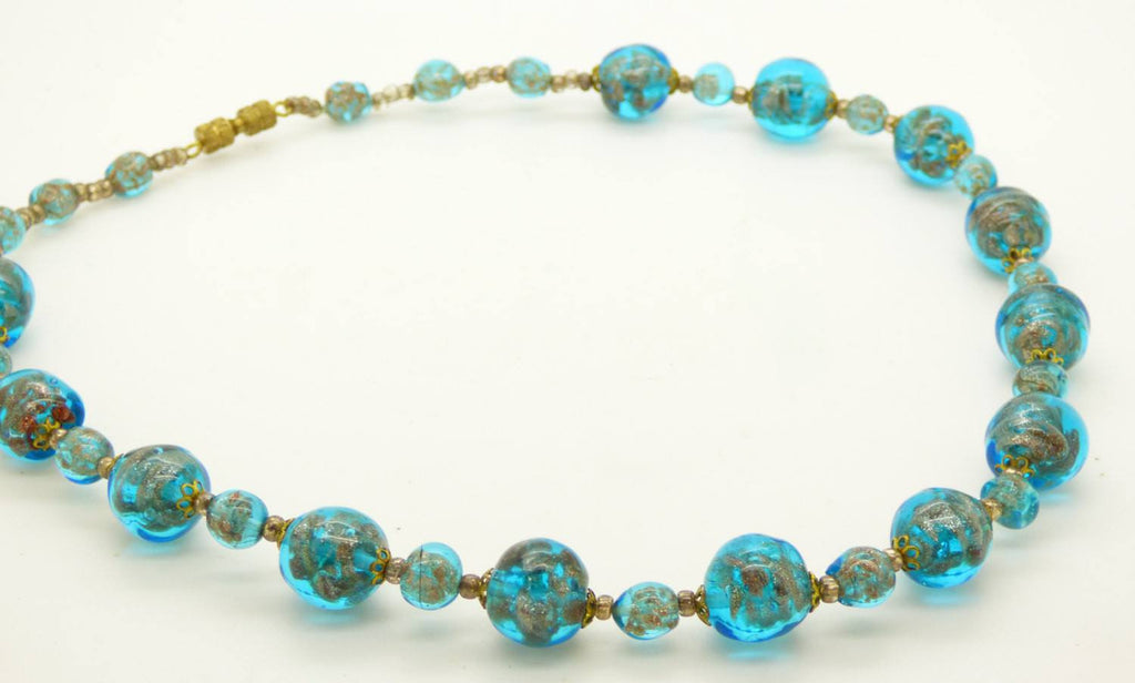 Vintage Art Deco Venetian Blue Murano Glass with Adventurine Necklace