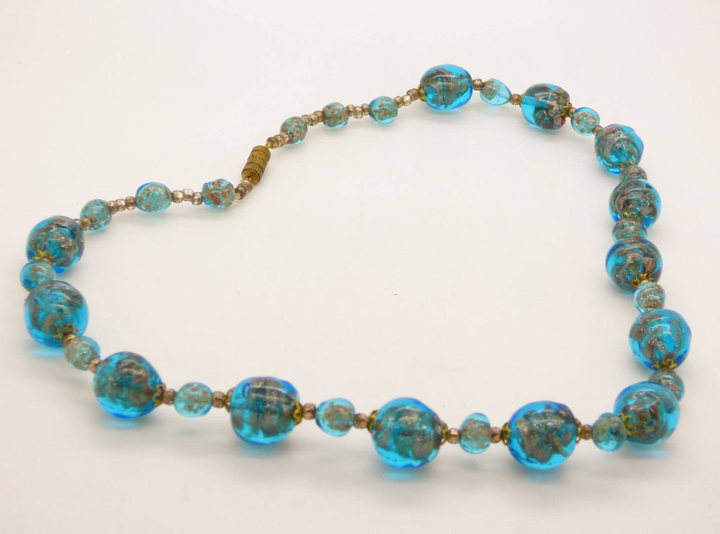 Vintage Art Deco Venetian Blue Murano Glass with Adventurine Necklace - Vintage Lane Jewelry