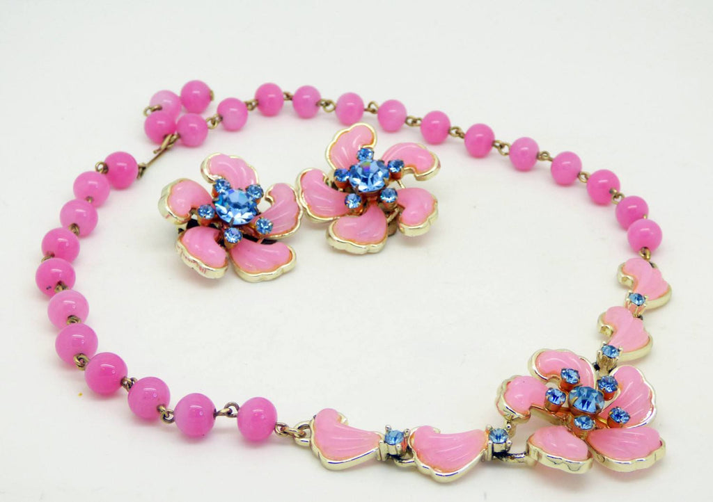 Vintage Pink Thermoset and Blue Rhinestone Choker Necklace Clip Earrings Set