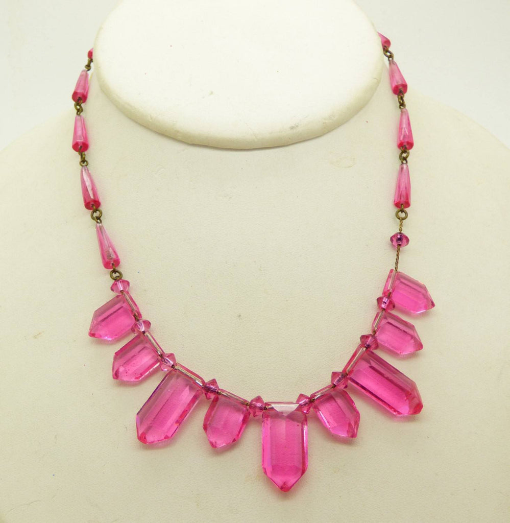 Vintage Art Deco Rose Pink Crystal Glass Drop Czech Necklace