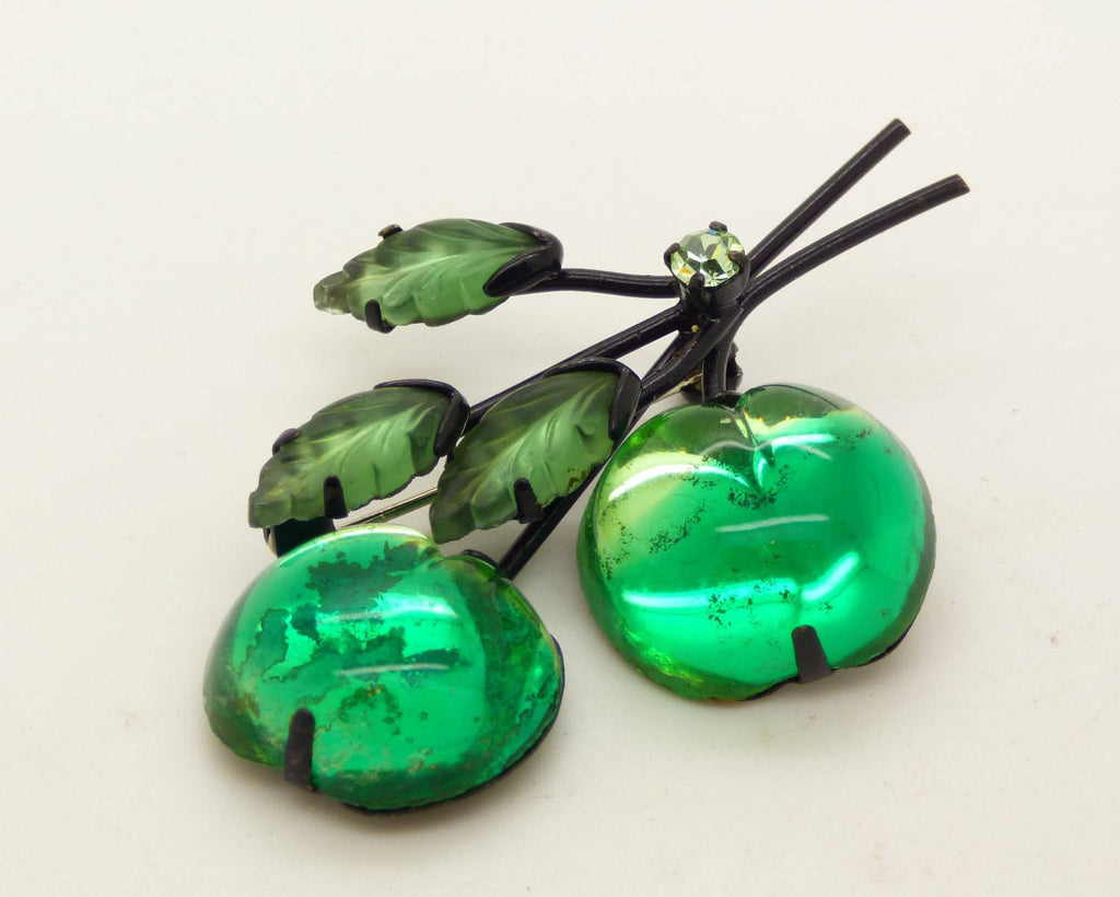 Vintage Austrian Glass Green Cherry Japanned Brooch Pin