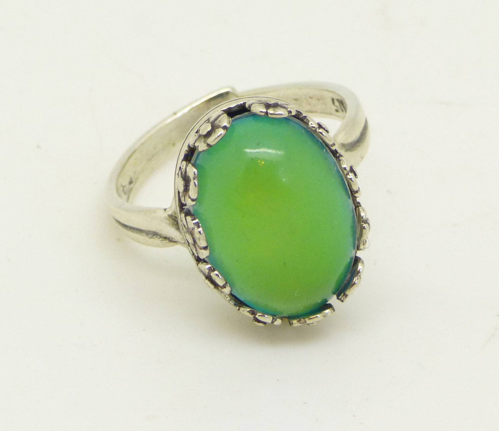 Oval Mood Ring Sterling Silver Filigree Flower Setting, Adjustable