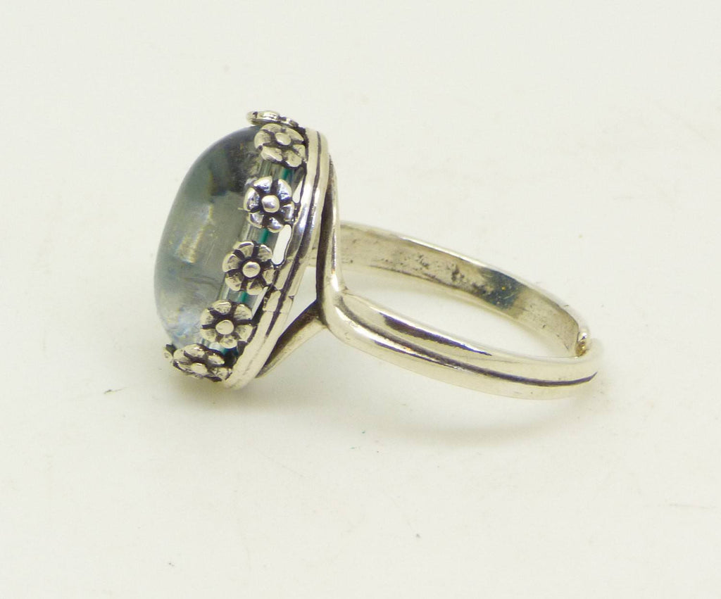 Oval Mood Ring Sterling Silver Filigree Flower Setting, Adjustable - Vintage Lane Jewelry