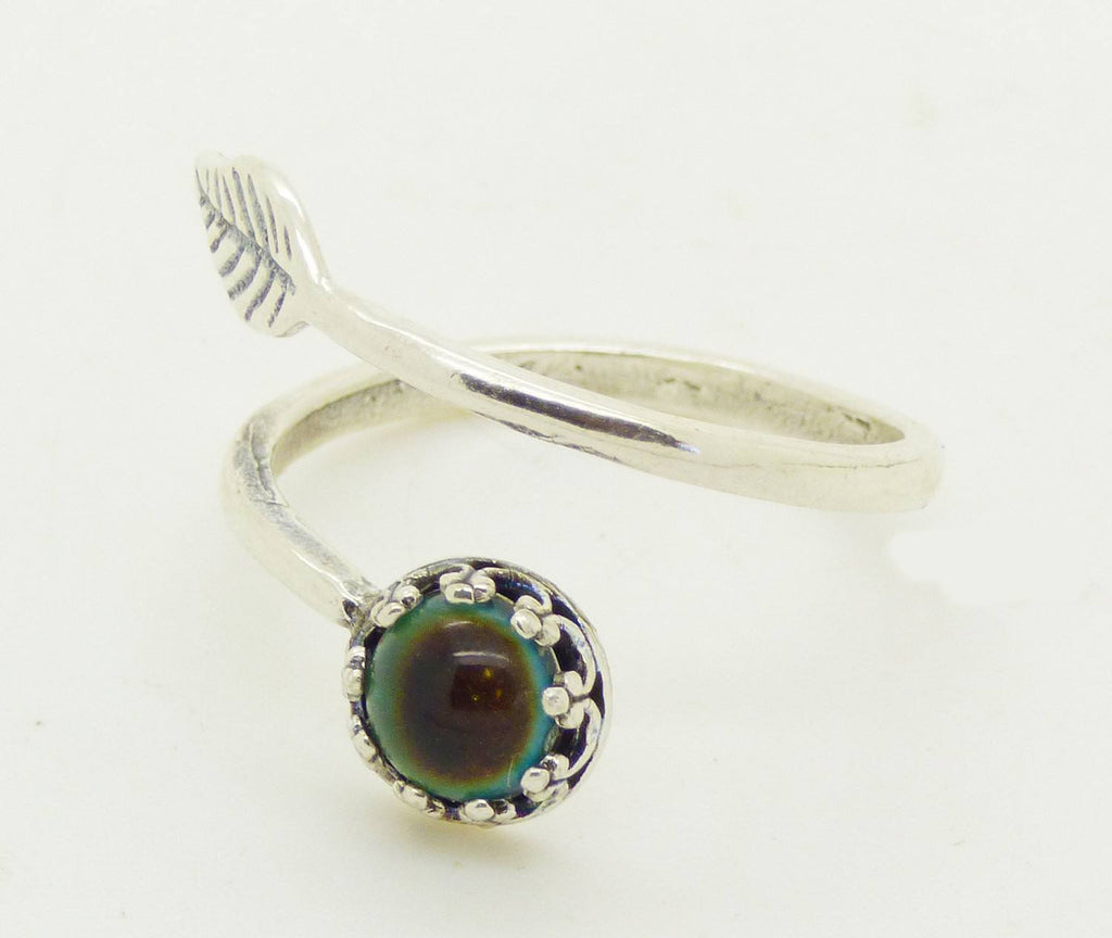 Mood Ring Sterling Silver Filigree Bezel Set Leaf Wrap Setting, adjustable