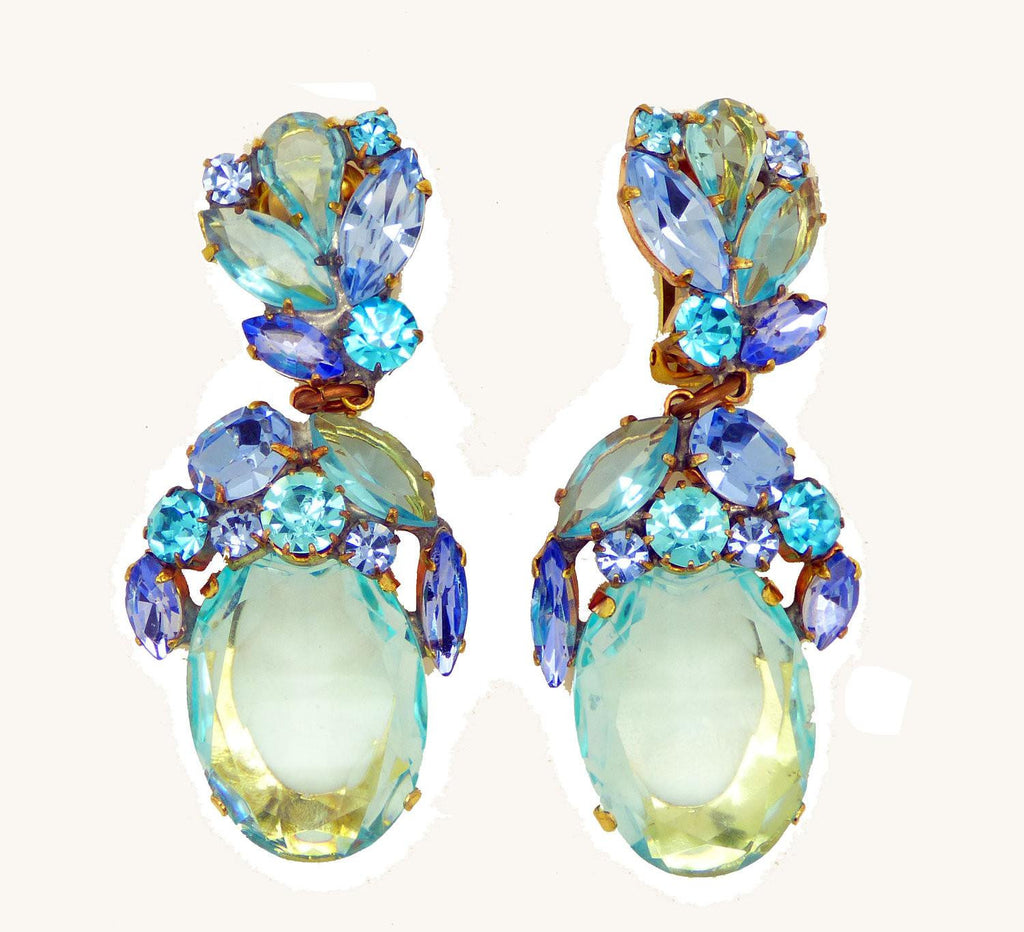 Czech Glass Aqua Blue Dangle Clip Earrings, Rhinestone, open-back