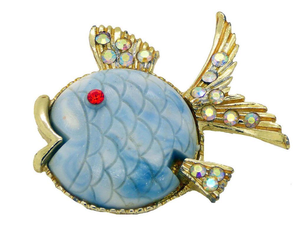 Hattie Carnegie Blue Lucite ab Rhinestone Fish Brooch
