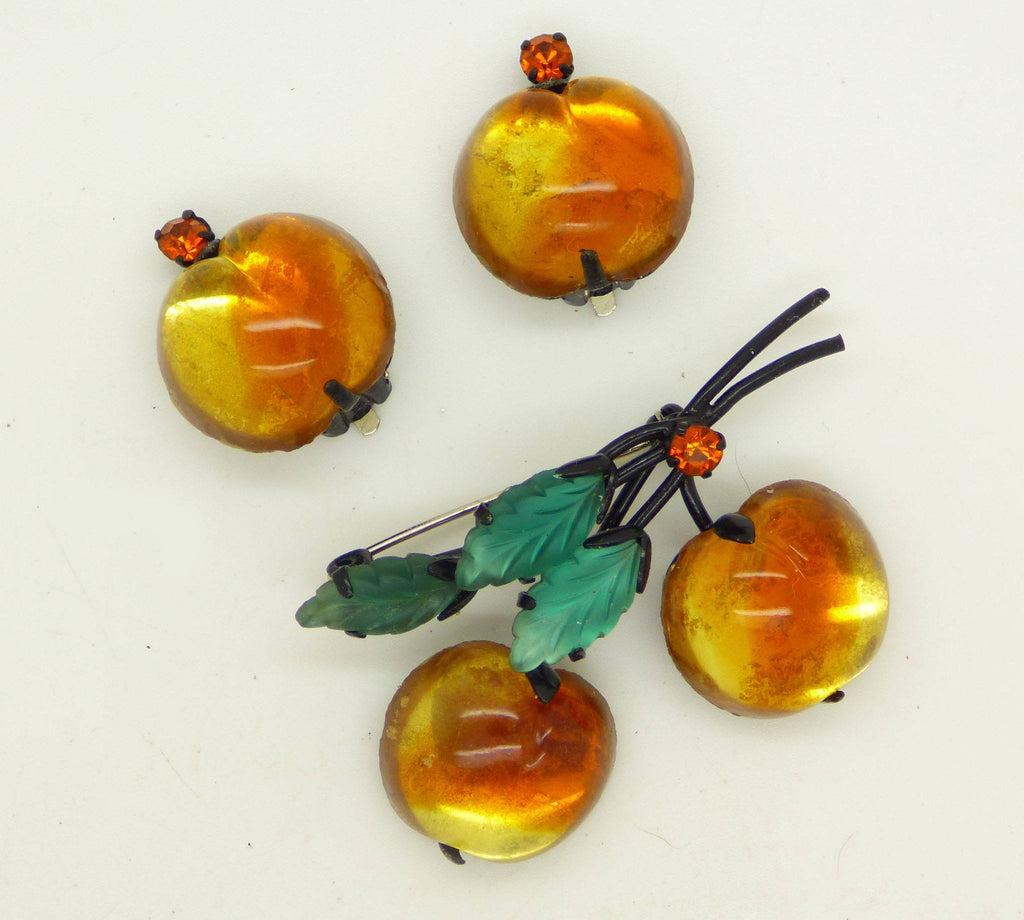 Peach Colored Cherries or Peaches Brooch, Austrian Crystal Fruit Pin Clip Earrings Demi Parure - Vintage Lane Jewelry