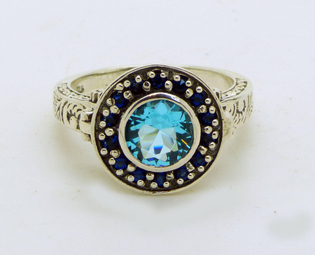 Aquamarine and Blue Sapphire Sterling Silver Art Deco Poison Ring, Size 6