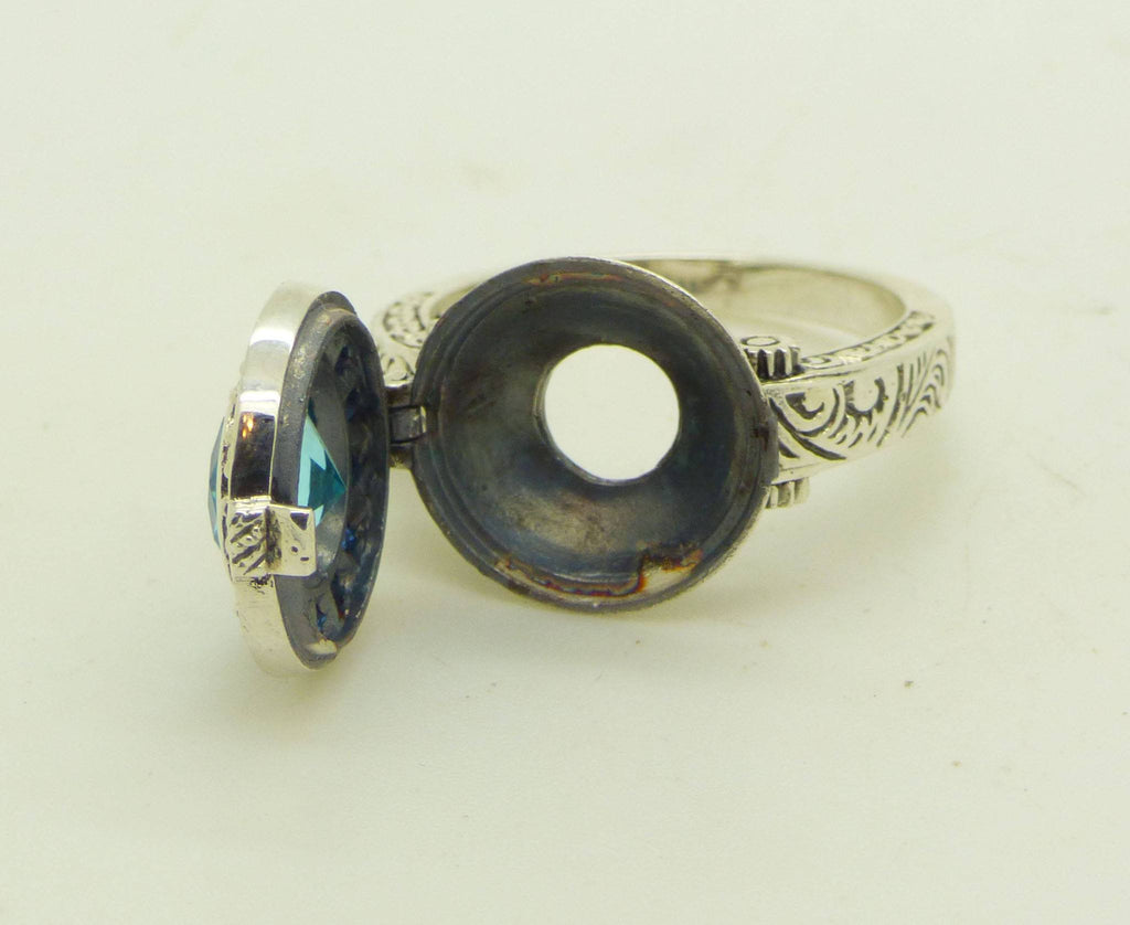 Aquamarine and Blue Sapphire Sterling Silver Art Deco Poison Ring, Size 6 - Vintage Lane Jewelry